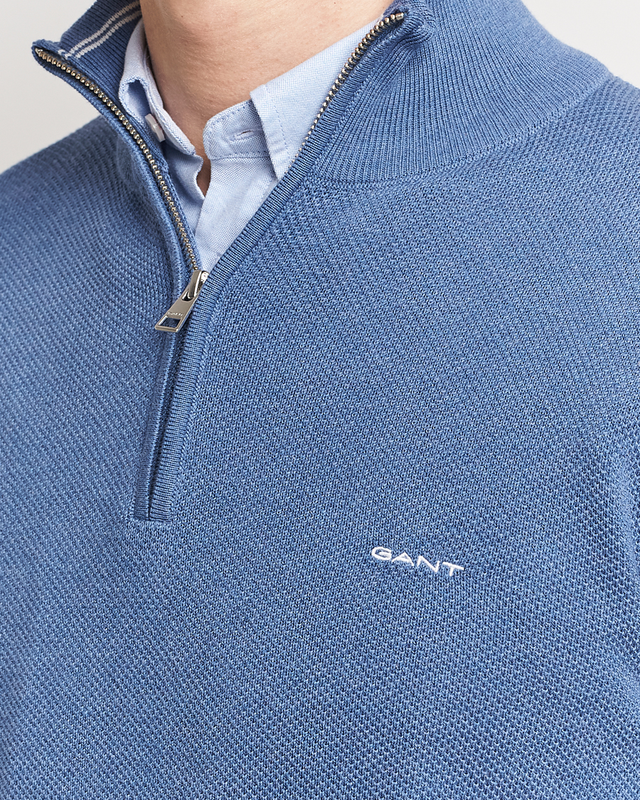 Herre | Gensere | GANT | Cotton Pique Half-Zip Sweater Denim Blue Melange
