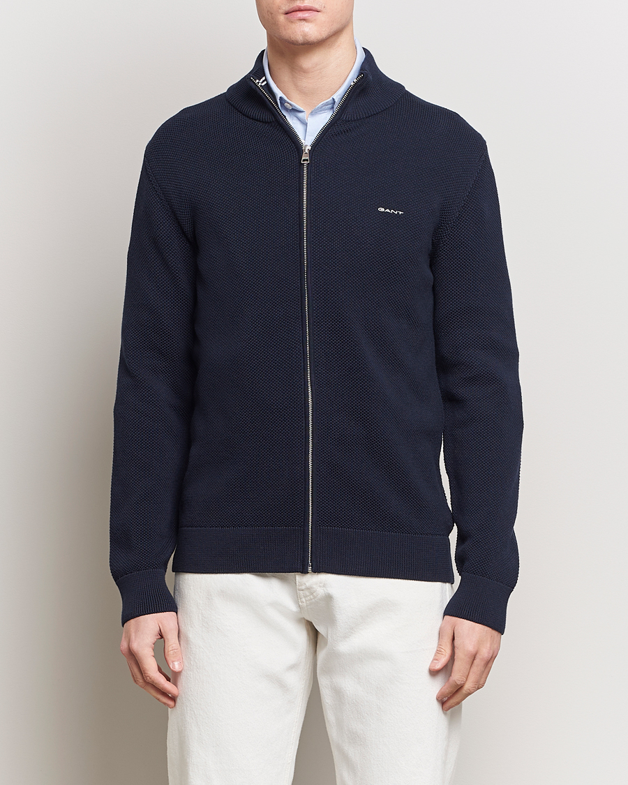 Herre | Salg klær | GANT | Cotton Pique Full-Zip Sweater Evening Blue