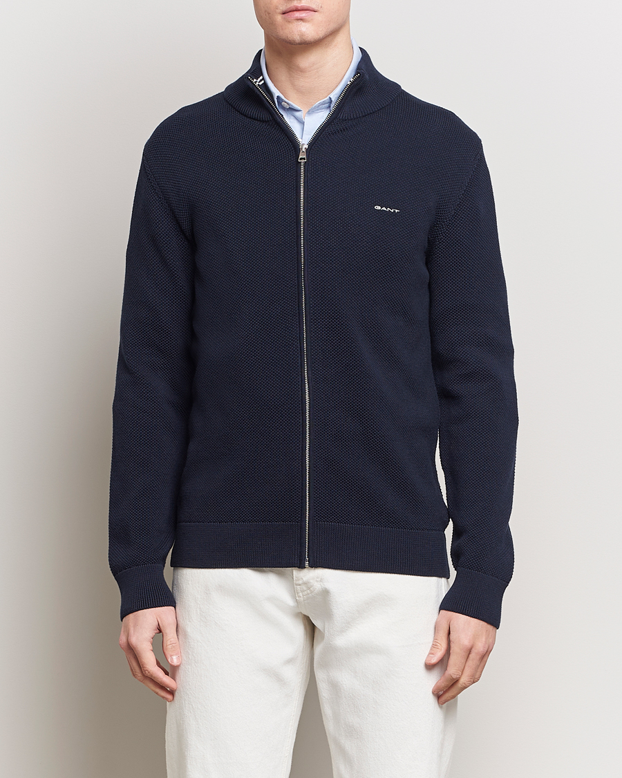 Herre | GANT | GANT | Cotton Pique Full-Zip Sweater Evening Blue