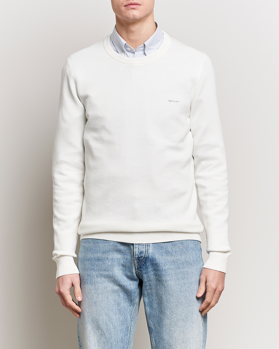 Herre | GANT | GANT | Cotton Pique Crew Neck Sweater Eggshell