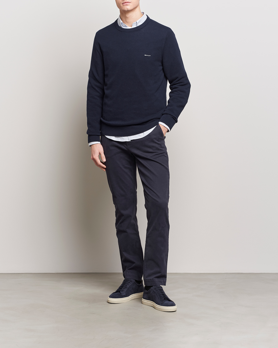 Herre | Gensere | GANT | Cotton Pique Crew Neck Sweater Evening Blue