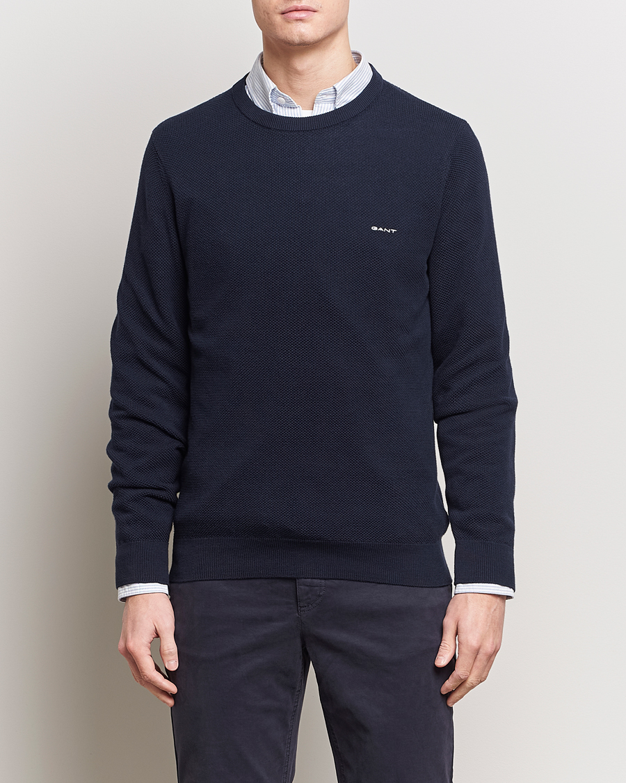 Herre | Strikkede trøjer | GANT | Cotton Pique Crew Neck Sweater Evening Blue