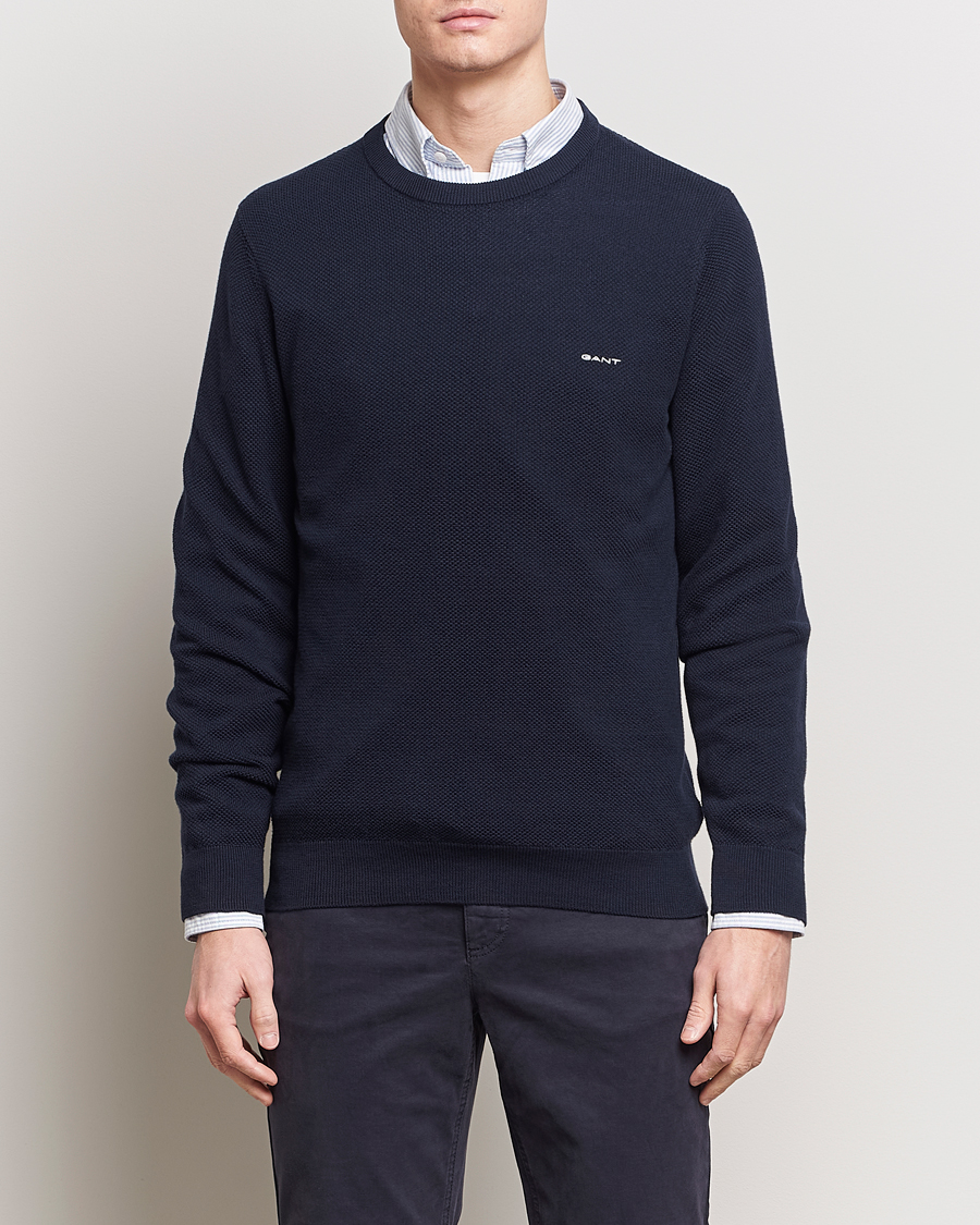 Herre | Gensere | GANT | Cotton Pique Crew Neck Sweater Evening Blue