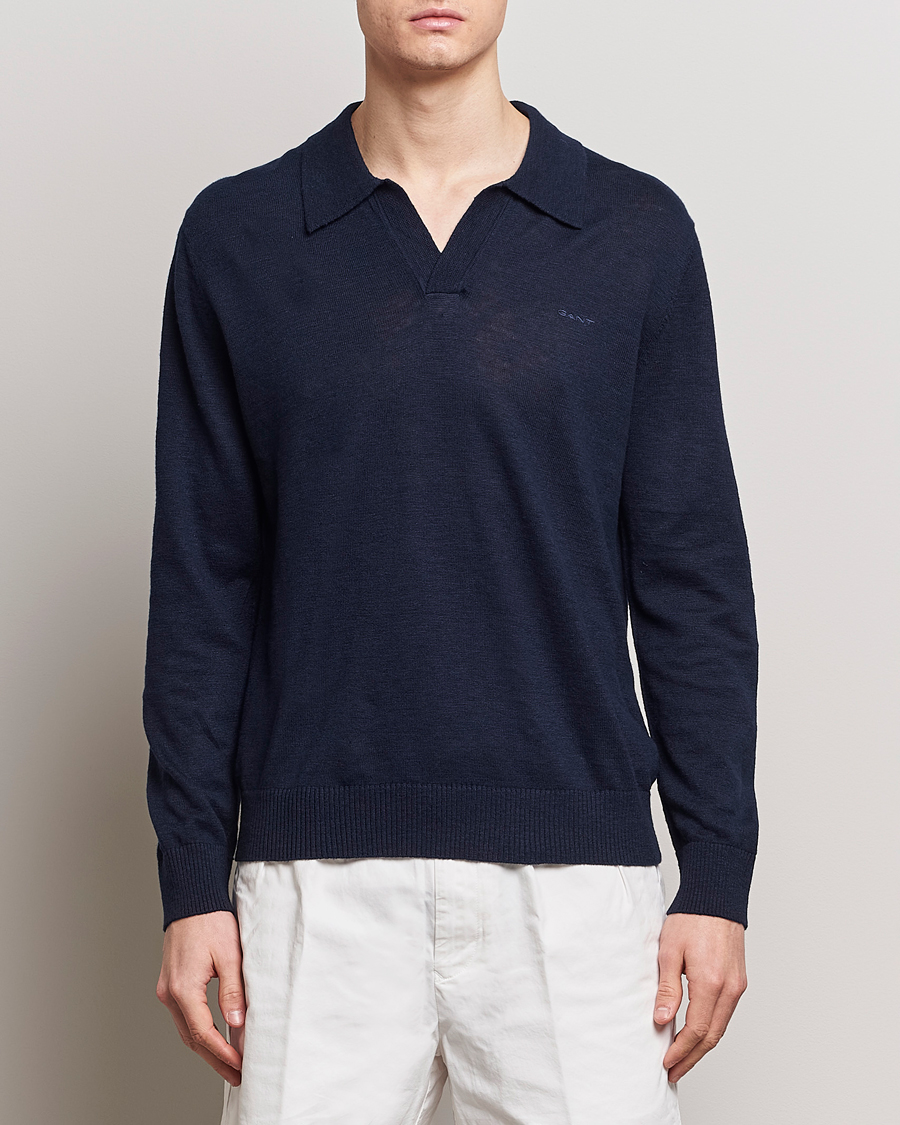 Herre |  | GANT | Cotton/Linen Knitted Polo Evening Blue