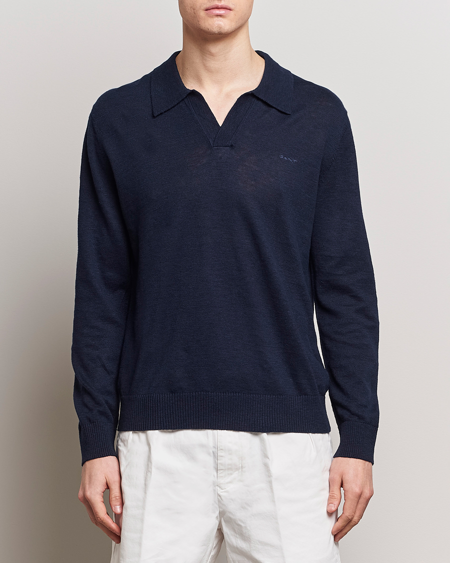 Herr | GANT | GANT | Cotton/Linen Knitted Polo Evening Blue