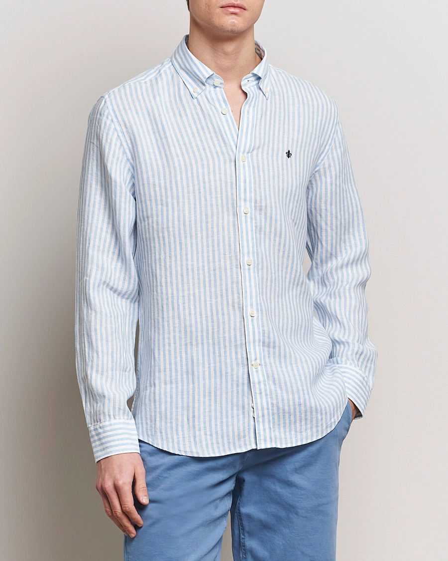 Herre | Skjorter | Morris | Douglas Linen Stripe Shirt Light Blue