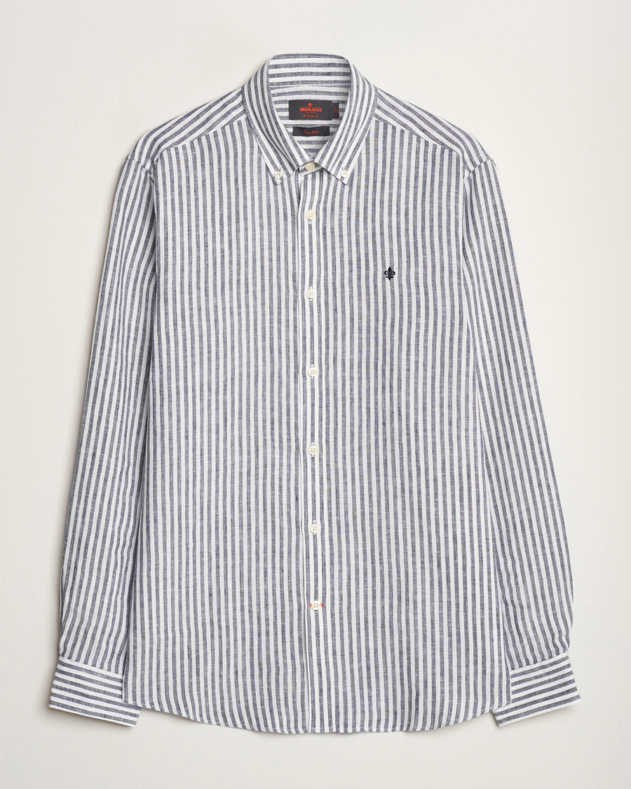 Herre | Skjorter | Morris | Douglas Linen Stripe Shirt Navy