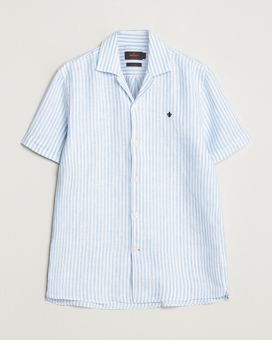 Herre | Skjorter | Morris | Striped Resort Linen Short Sleeve Shirt Light Blue