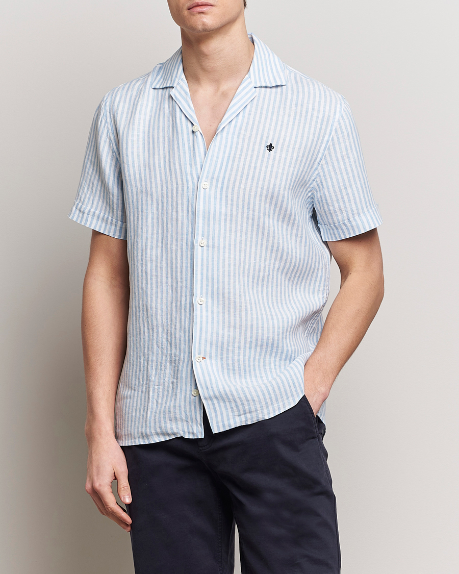 Herre | Nytt i butikken | Morris | Striped Resort Linen Short Sleeve Shirt Light Blue