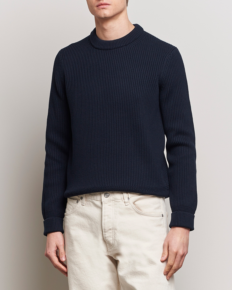 Herre | Pullovers rund hals | Morris | Arthur Navy Cotton/Merino Knitted Sweater Navy