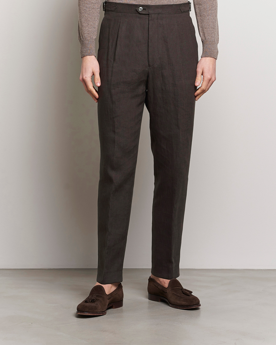 Men |  | Oscar Jacobson | Delon Linen Trousers Brown