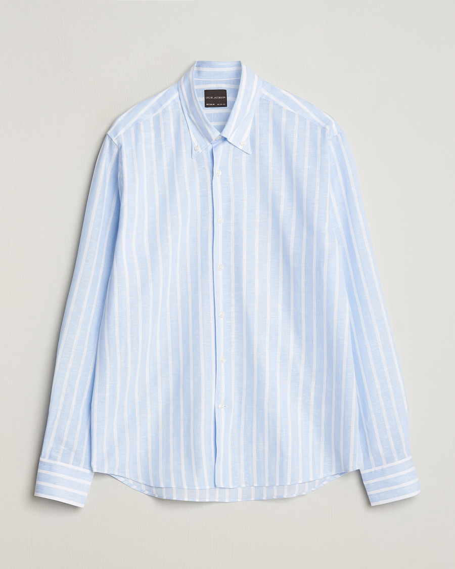 Herre | Skjorter | Oscar Jacobson | Regular Fit Striped Linen Shirt Light Blue