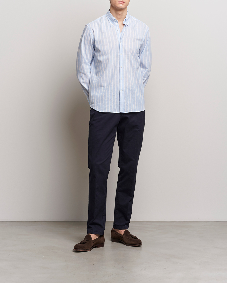 Herre | Skjorter | Oscar Jacobson | Regular Fit Striped Linen Shirt Light Blue