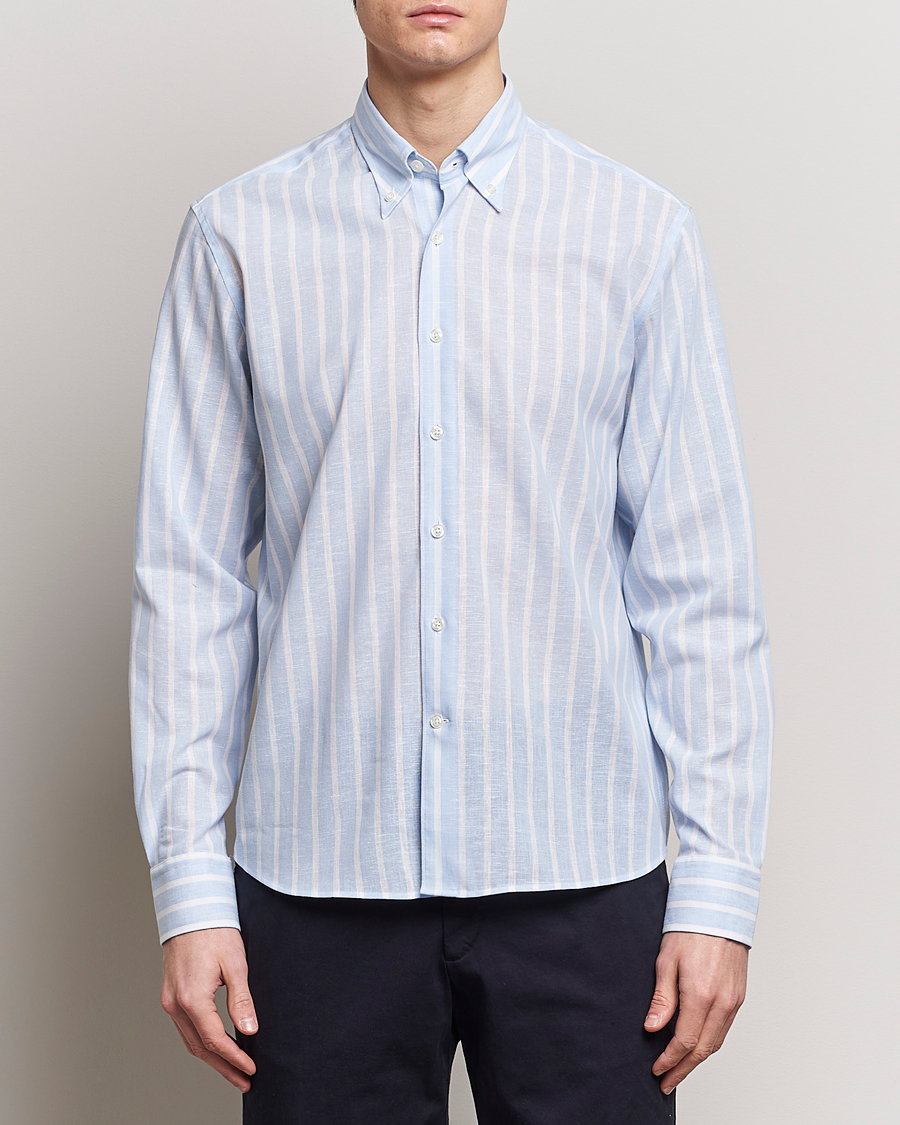 Herre | Hørskjorter | Oscar Jacobson | Regular Fit Striped Linen Shirt Light Blue