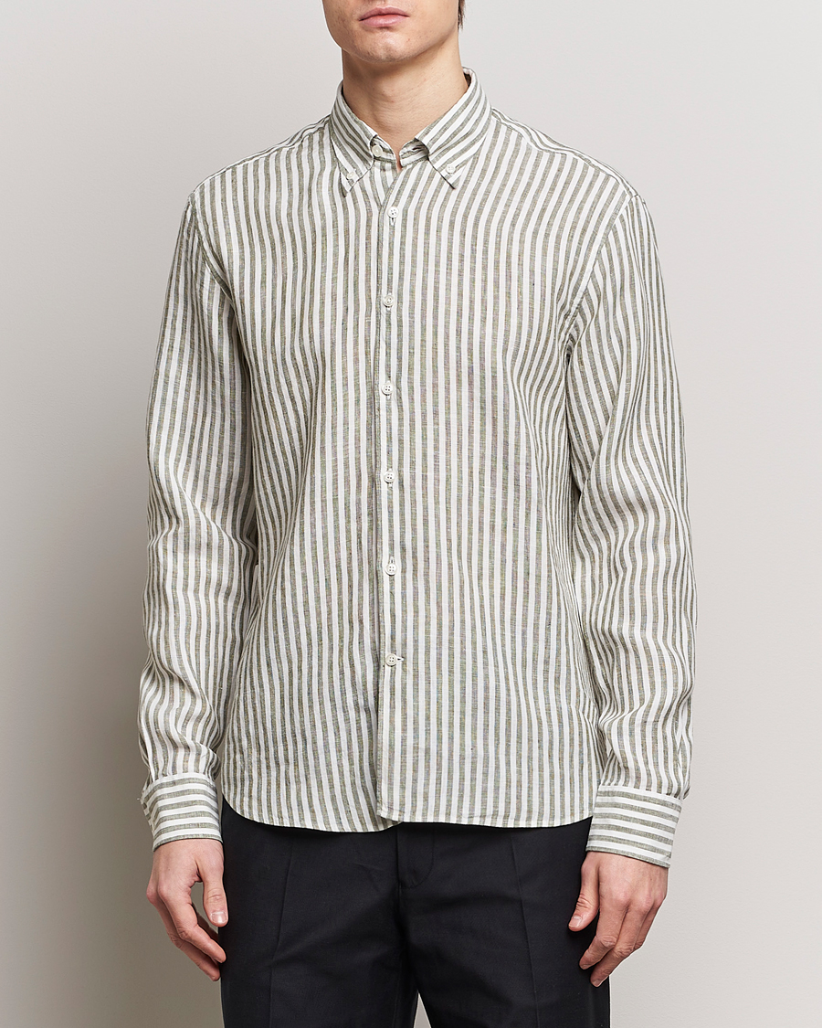 Herre | Business & Beyond | Oscar Jacobson | Regular Fit Dress Stripe Linen Shirt Green