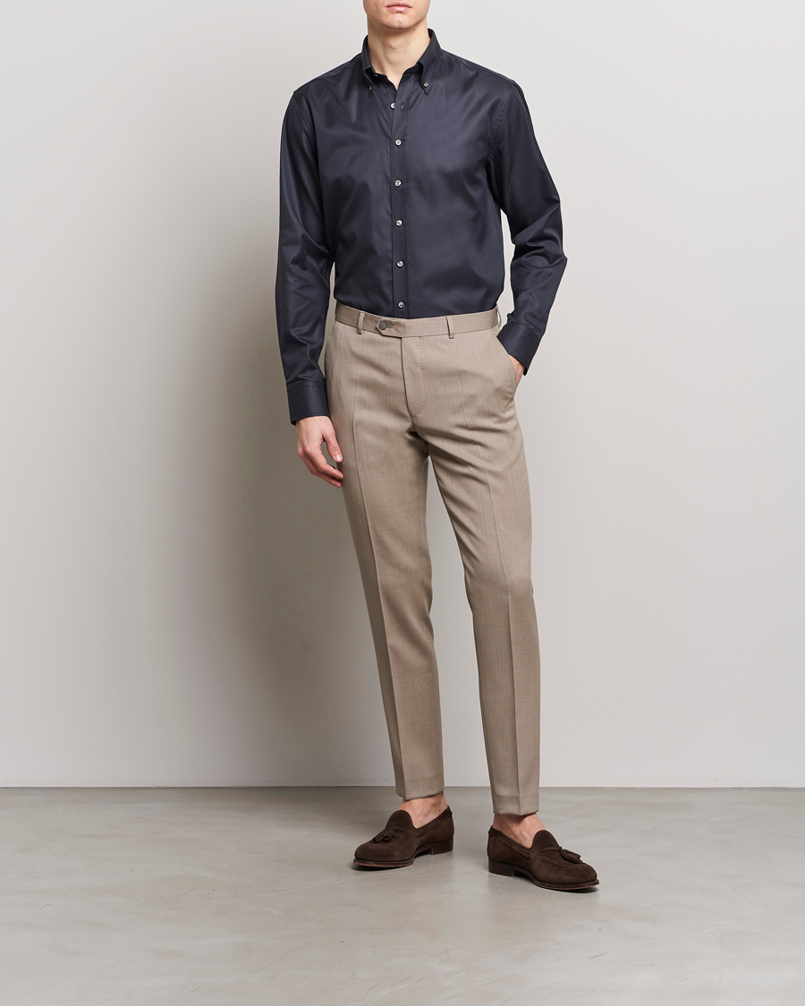 Herre | Skjorter | Oscar Jacobson | Regular Fit Button Down Cotton Twill Shirt Black