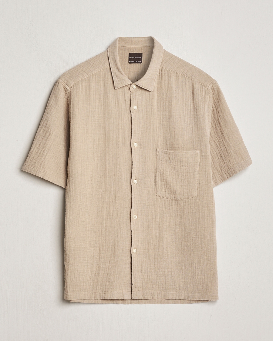 Herre | Skjorter | Oscar Jacobson | Short Sleeve City Crepe Cotton Shirt Beige