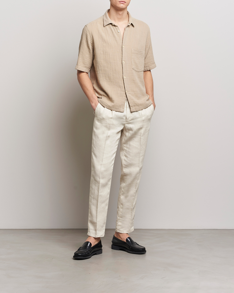 Herre | Skjorter | Oscar Jacobson | Short Sleeve City Crepe Cotton Shirt Beige