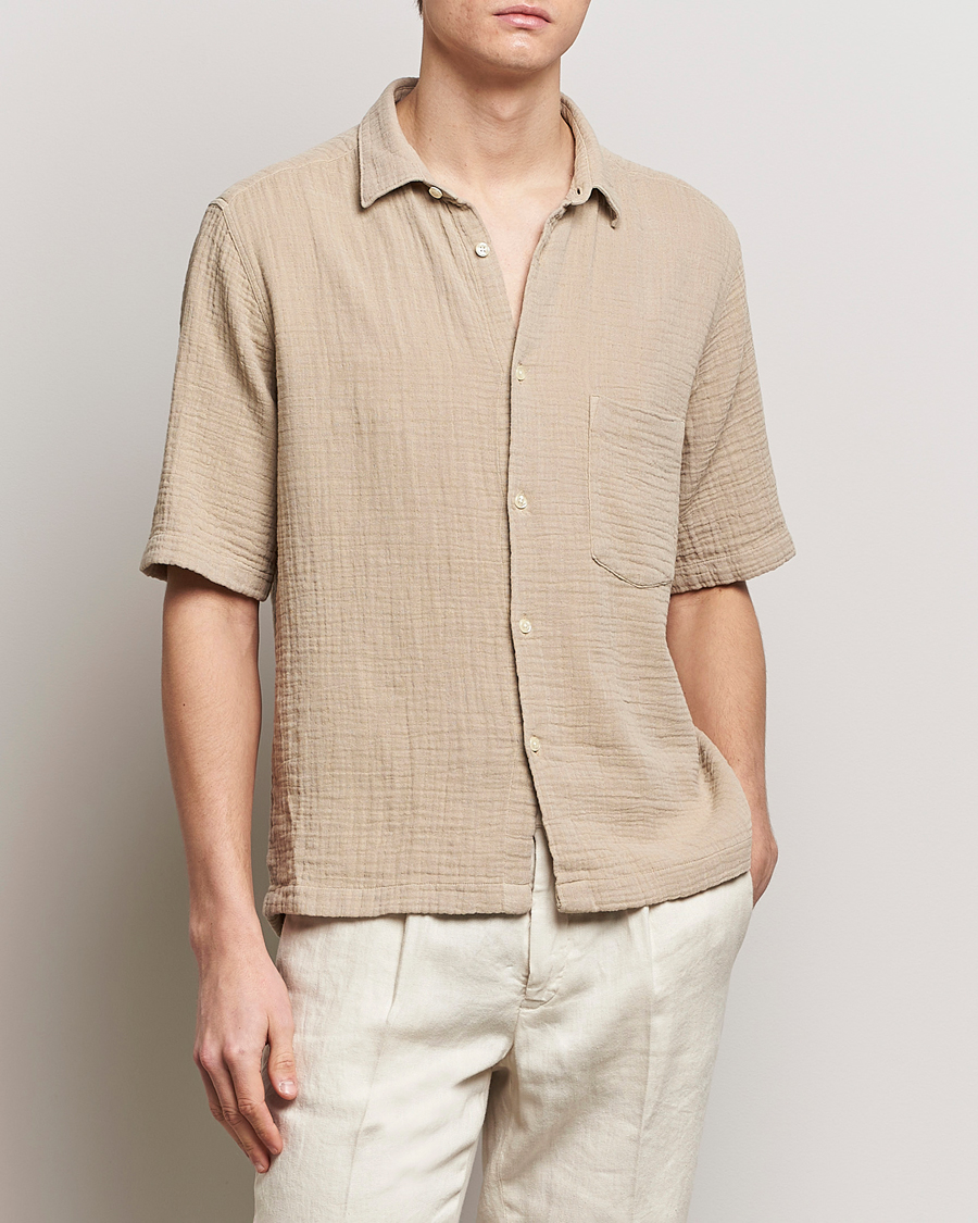 Herre | Casual | Oscar Jacobson | Short Sleeve City Crepe Cotton Shirt Beige