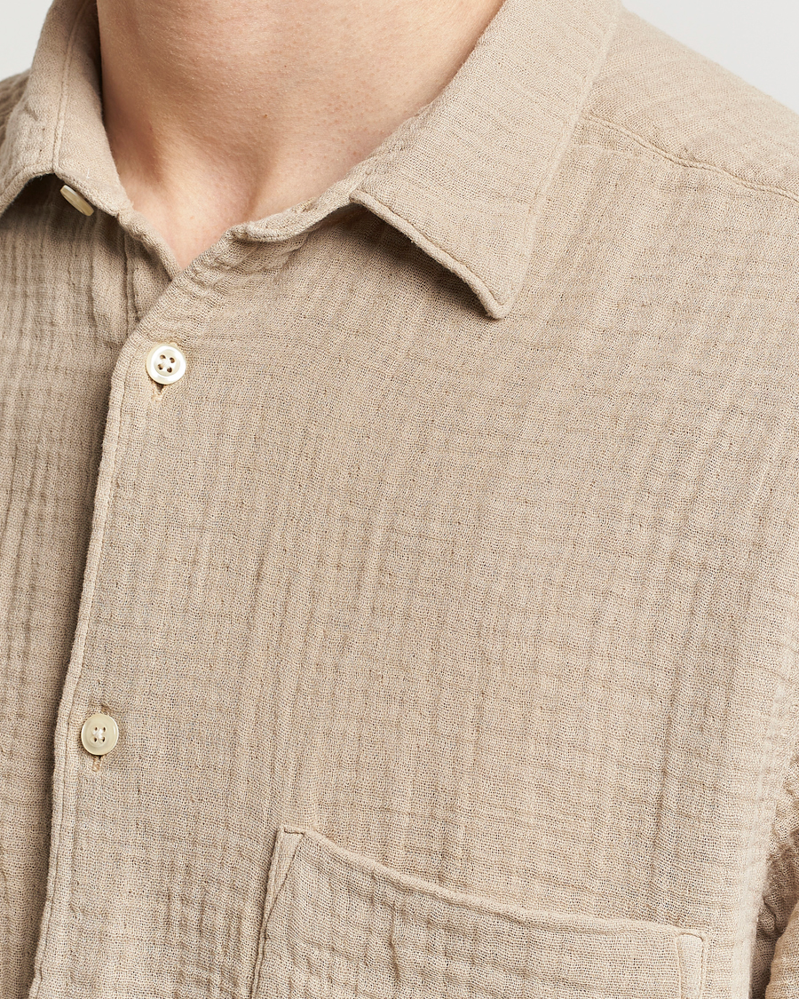Herre | Skjorter | Oscar Jacobson | Short Sleeve City Crepe Cotton Shirt Beige