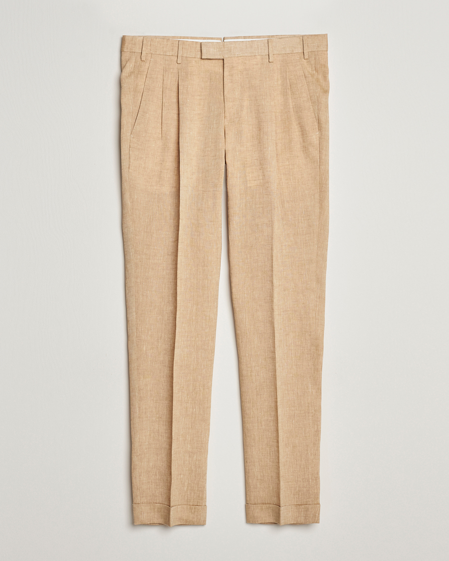 Herre | Bukser | PT01 | Slim Fit Pleated Linen Trousers Light Beige