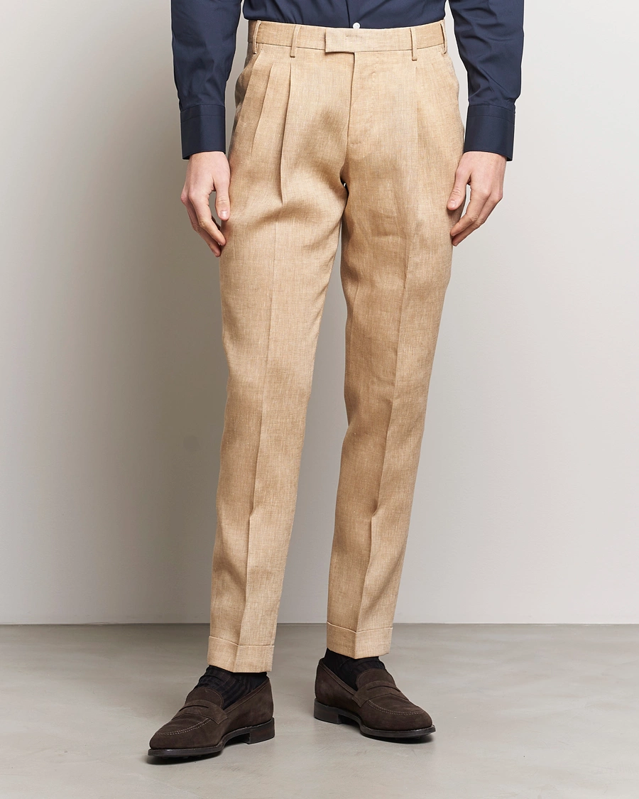 Herre |  | PT01 | Slim Fit Pleated Linen Trousers Light Beige