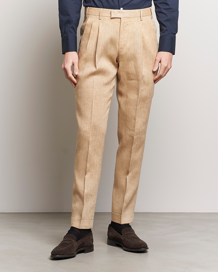 Herre | Lojalitetstilbud | PT01 | Slim Fit Pleated Linen Trousers Light Beige