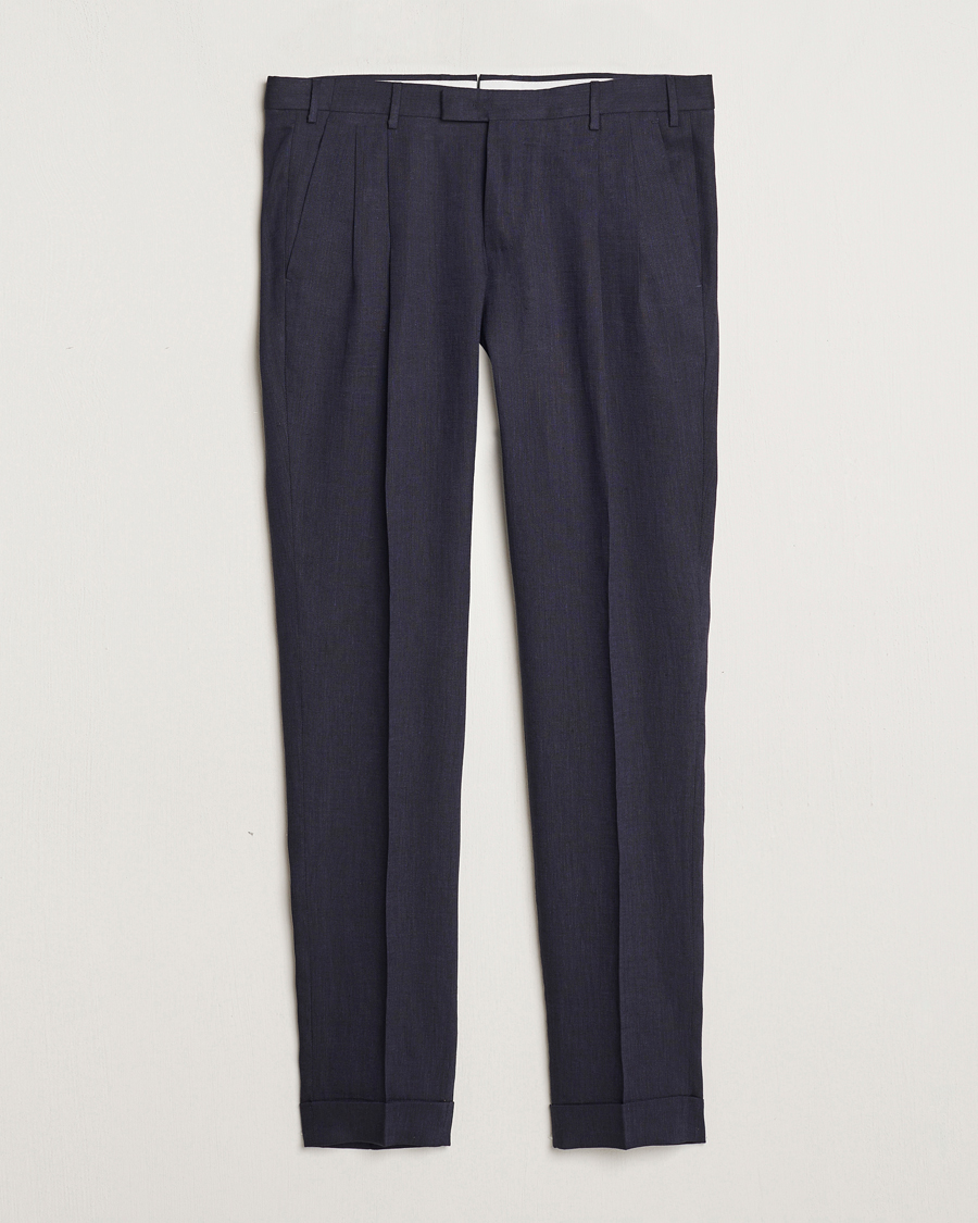 Herre | Bukser | PT01 | Slim Fit Pleated Linen Trousers Navy
