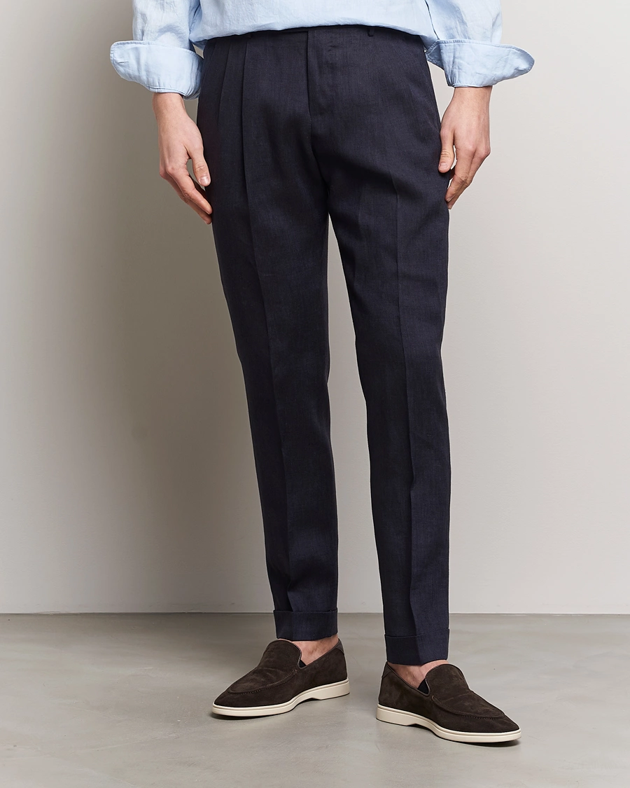 Herre | Linbukser | PT01 | Slim Fit Pleated Linen Trousers Navy