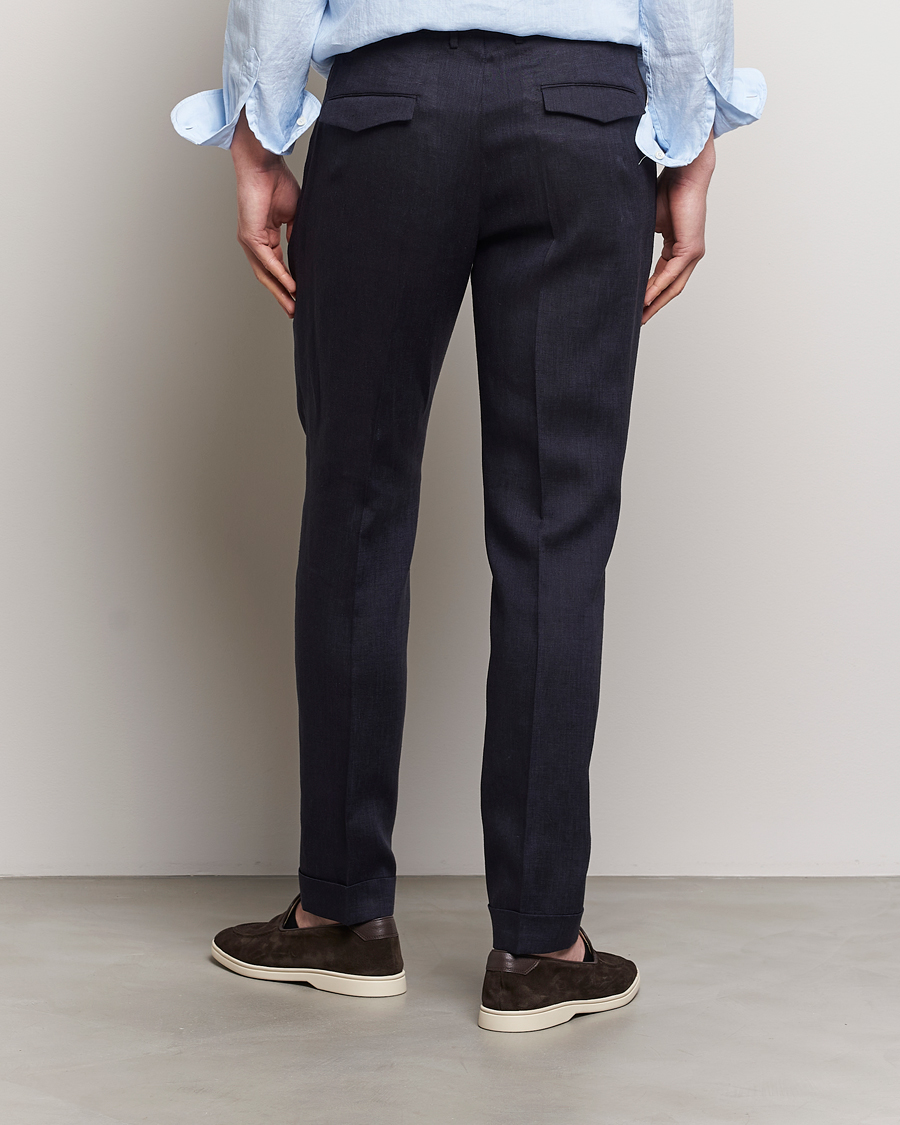 Herre | Bukser | PT01 | Slim Fit Pleated Linen Trousers Navy