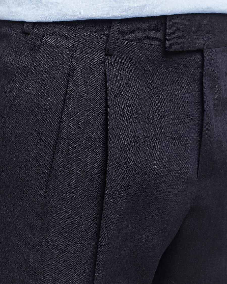 Herre | Bukser | PT01 | Slim Fit Pleated Linen Trousers Navy