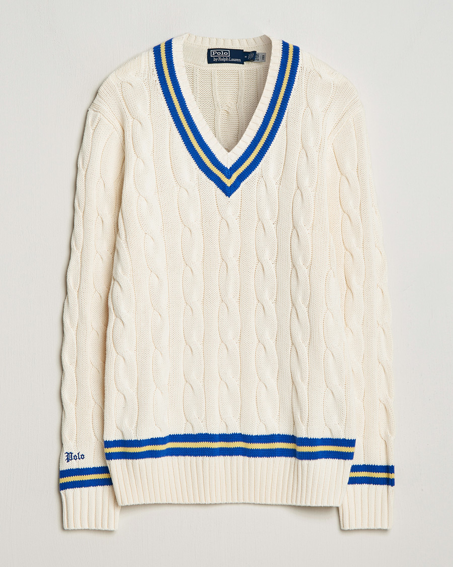 Herre | Gensere | Polo Ralph Lauren | Cricket Cotton V-Neck Sweater Cream/Navy Stripe