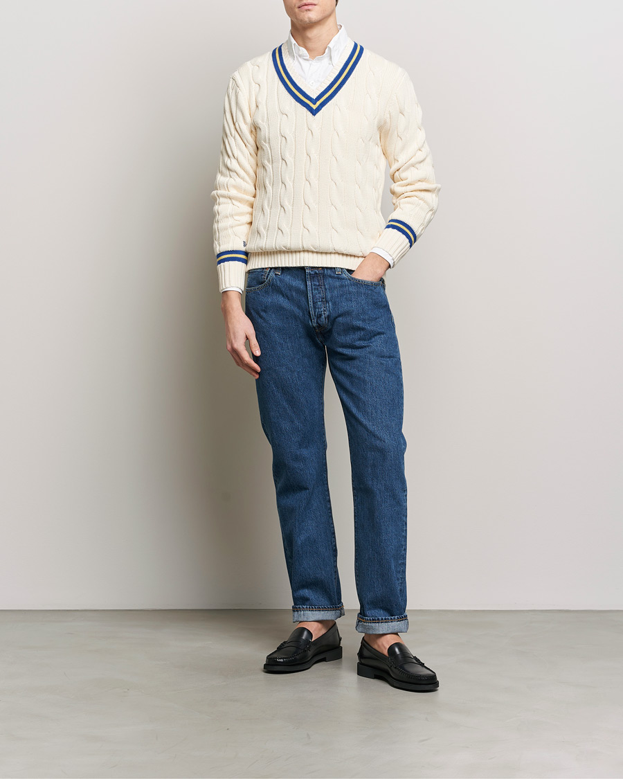 Herre | Gensere | Polo Ralph Lauren | Cricket Cotton V-Neck Sweater Cream/Navy Stripe