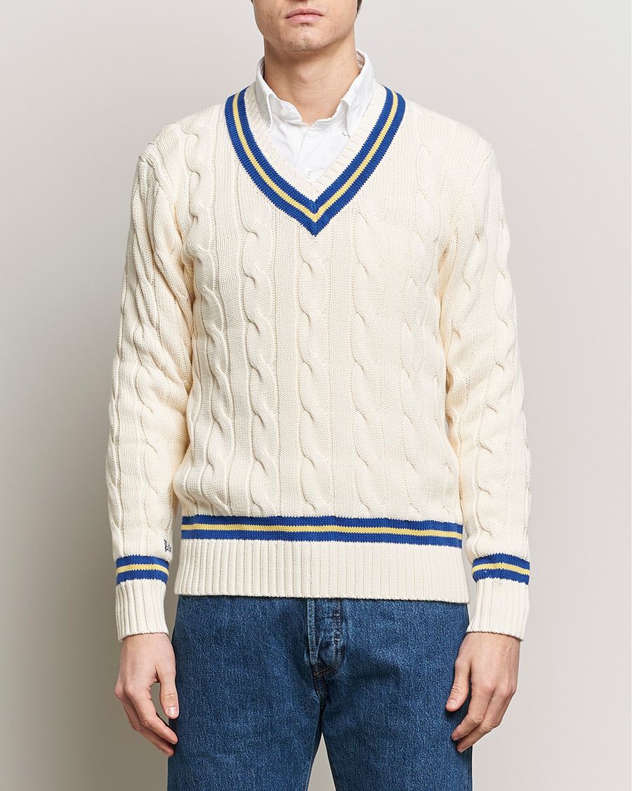 Herre | Strikkede gensere | Polo Ralph Lauren | Cricket Cotton V-Neck Sweater Cream/Navy Stripe