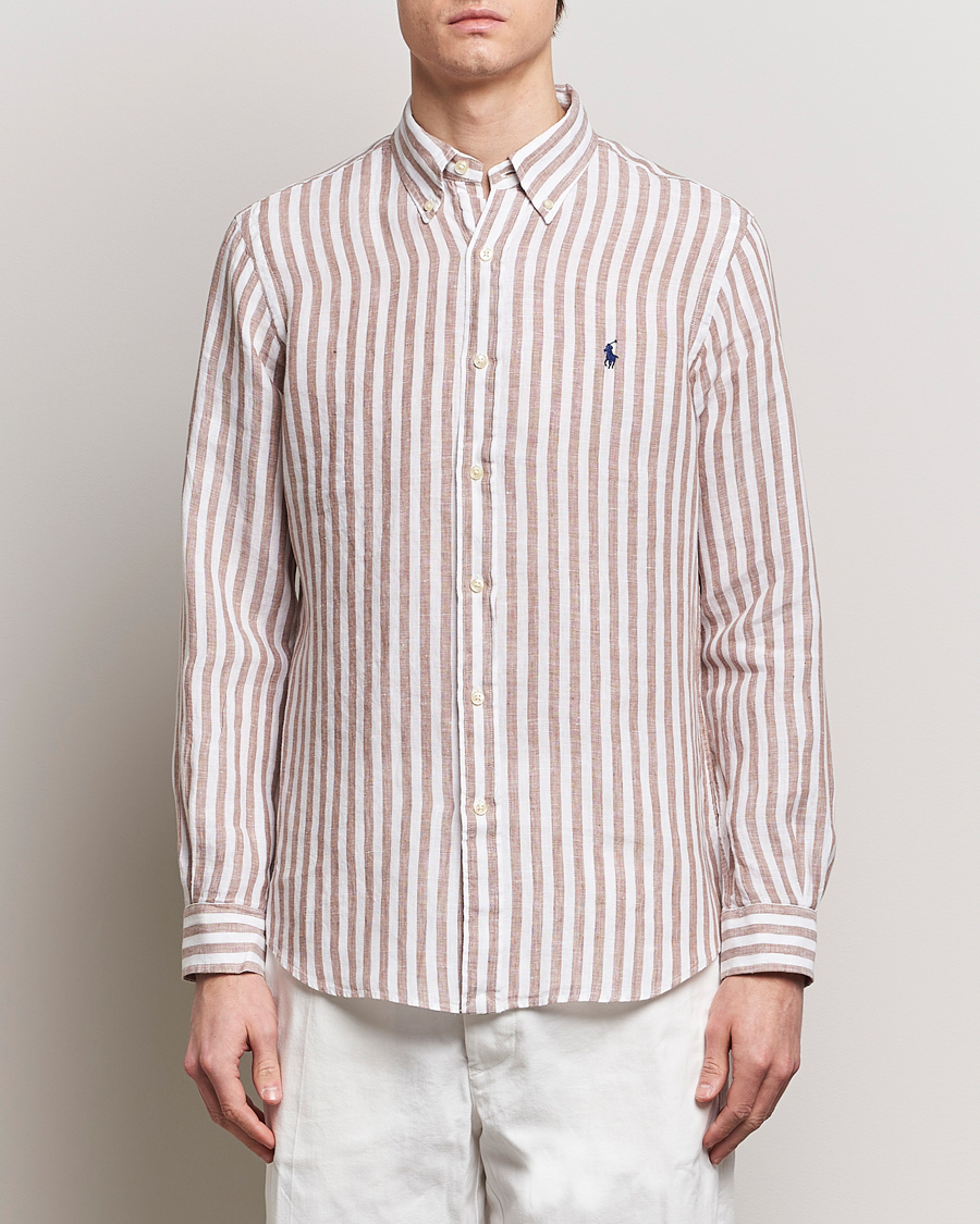 Herre | Preppy Authentic | Polo Ralph Lauren | Custom Fit Striped Linen Shirt Khaki/White
