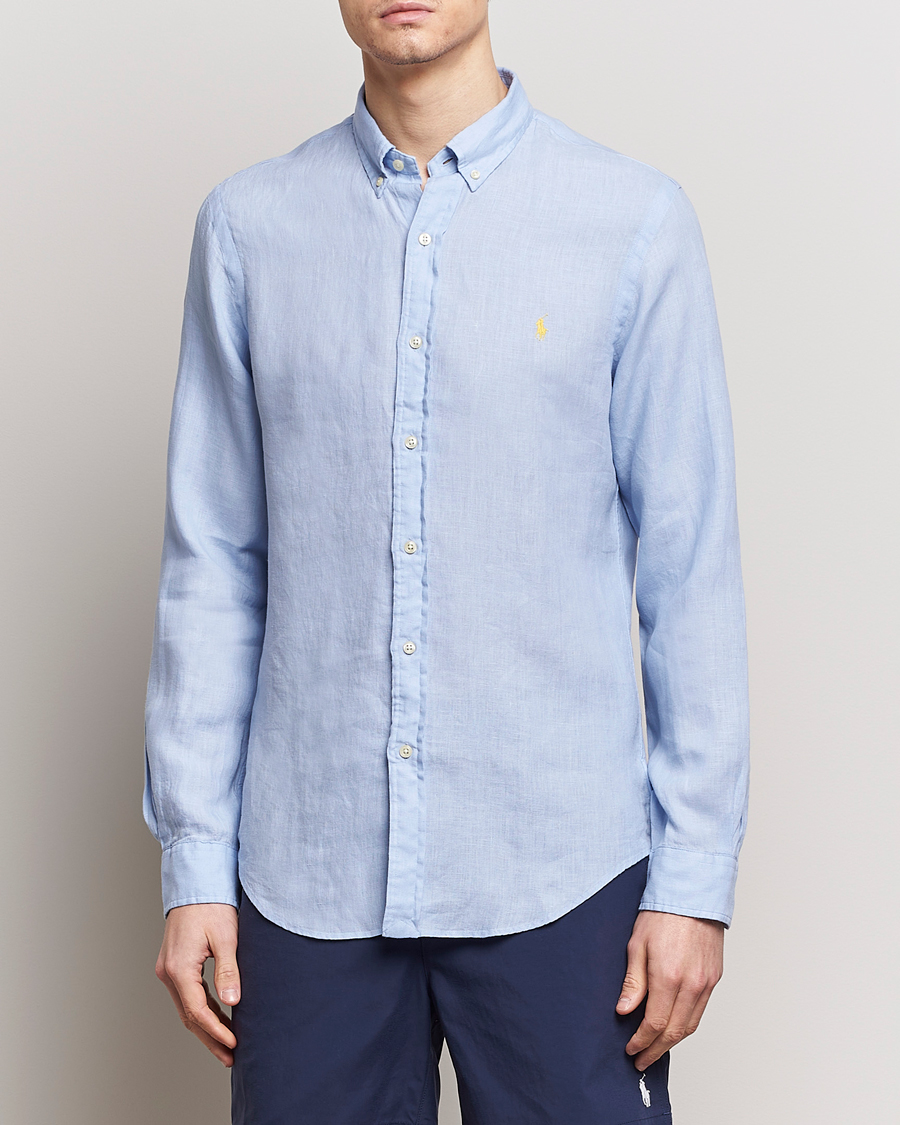 Herr |  | Polo Ralph Lauren | Slim Fit Linen Button Down Shirt Blue Hyacinth