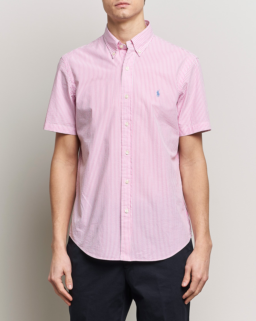 Herre | Preppy Authentic | Polo Ralph Lauren | Seersucker Short Sleeve Striped Shirt Rose/White