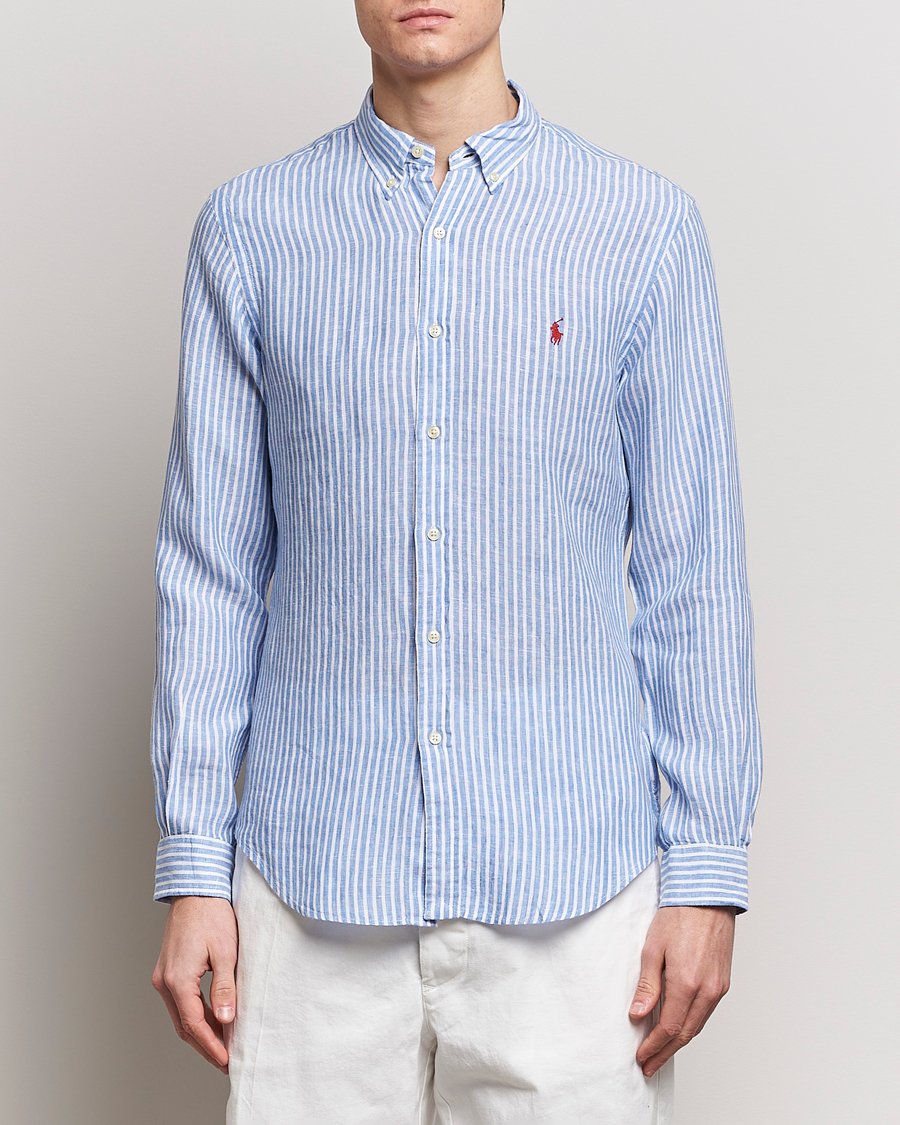 Herre | Polo Ralph Lauren | Polo Ralph Lauren | Slim Fit Striped Button Down Linen Shirt Blue/White