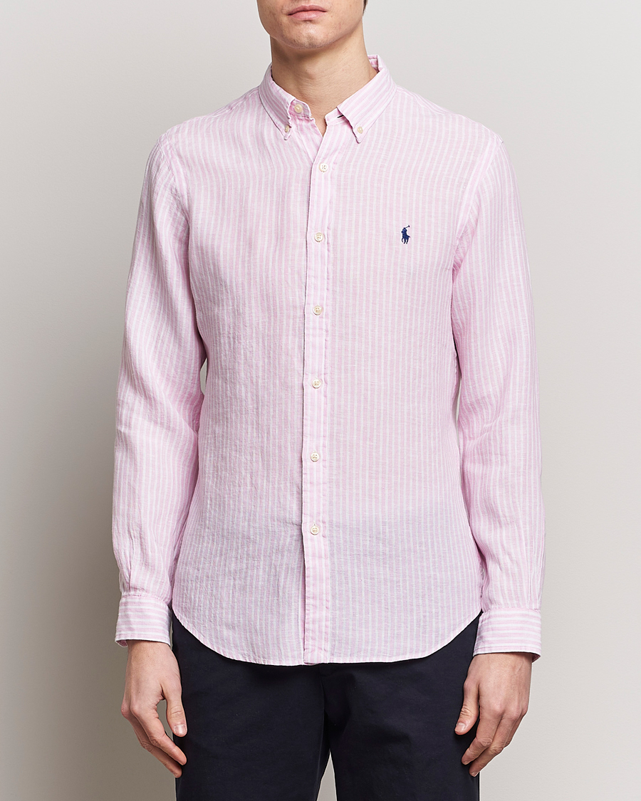 Herre | Casual | Polo Ralph Lauren | Slim Fit Striped Button Down Linen Shirt Pink/White