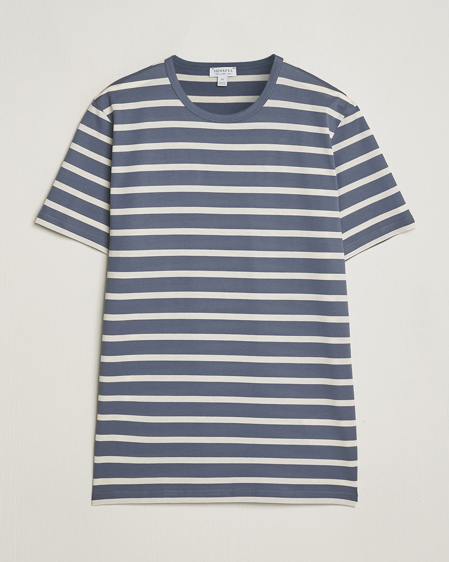 Herre | T-Shirts | Sunspel | Striped Crew Neck Cotton Tee Slate Blue
