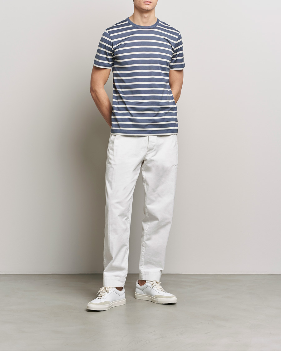 Herre | T-Shirts | Sunspel | Striped Crew Neck Cotton Tee Slate Blue
