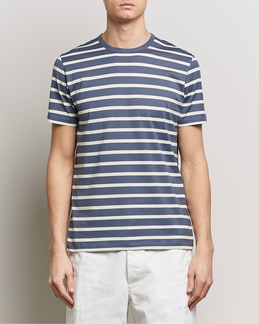 Herre | Avdelinger | Sunspel | Striped Crew Neck Cotton Tee Slate Blue