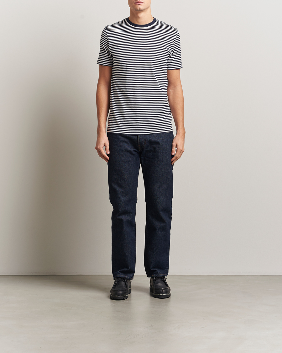 Herre | T-Shirts | Sunspel | Striped Crew Neck Q82 Cotton T-Shirt White/Navy