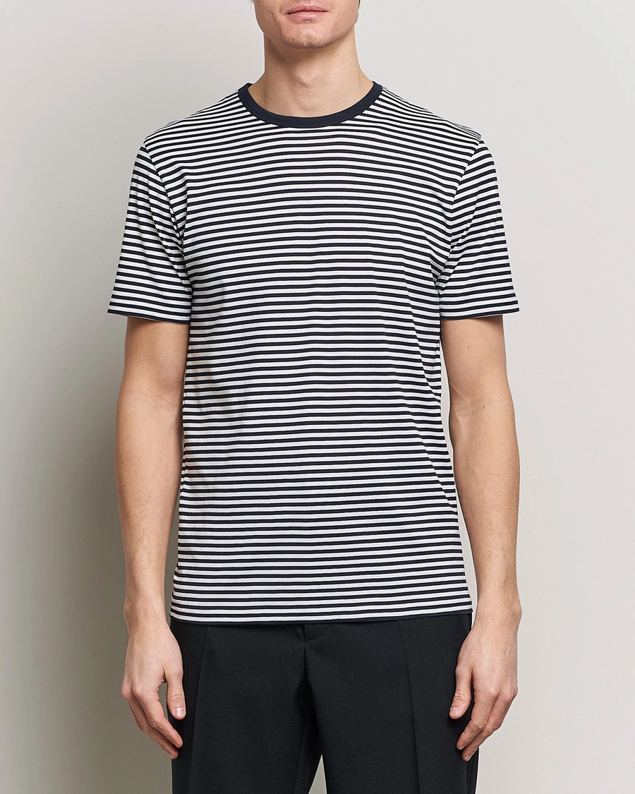 Herre | T-Shirts | Sunspel | Striped Crew Neck Cotton Tee White/Navy