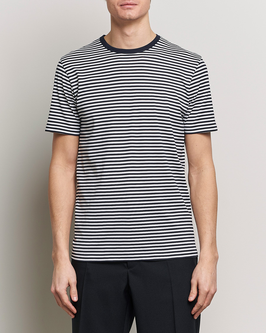 Herre | T-Shirts | Sunspel | Striped Crew Neck Q82 Cotton T-Shirt White/Navy