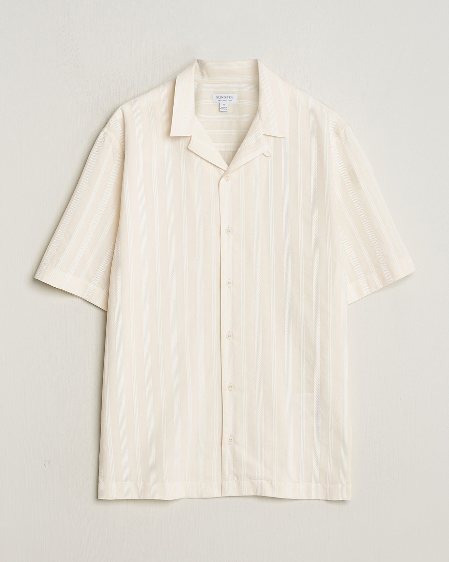 Herre | Skjorter | Sunspel | Embroidered Striped Short Sleeve Shirt Ecru