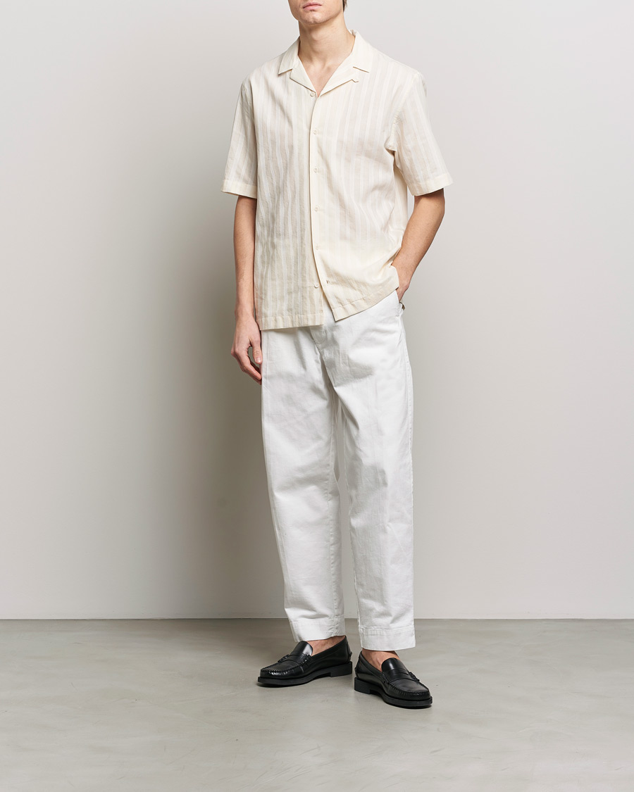 Herre | Skjorter | Sunspel | Embroidered Striped Short Sleeve Shirt Ecru