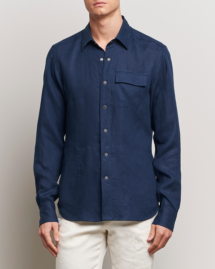 Herre | Skjorter | Kiton | Pure Linen Overshirt Dark Blue
