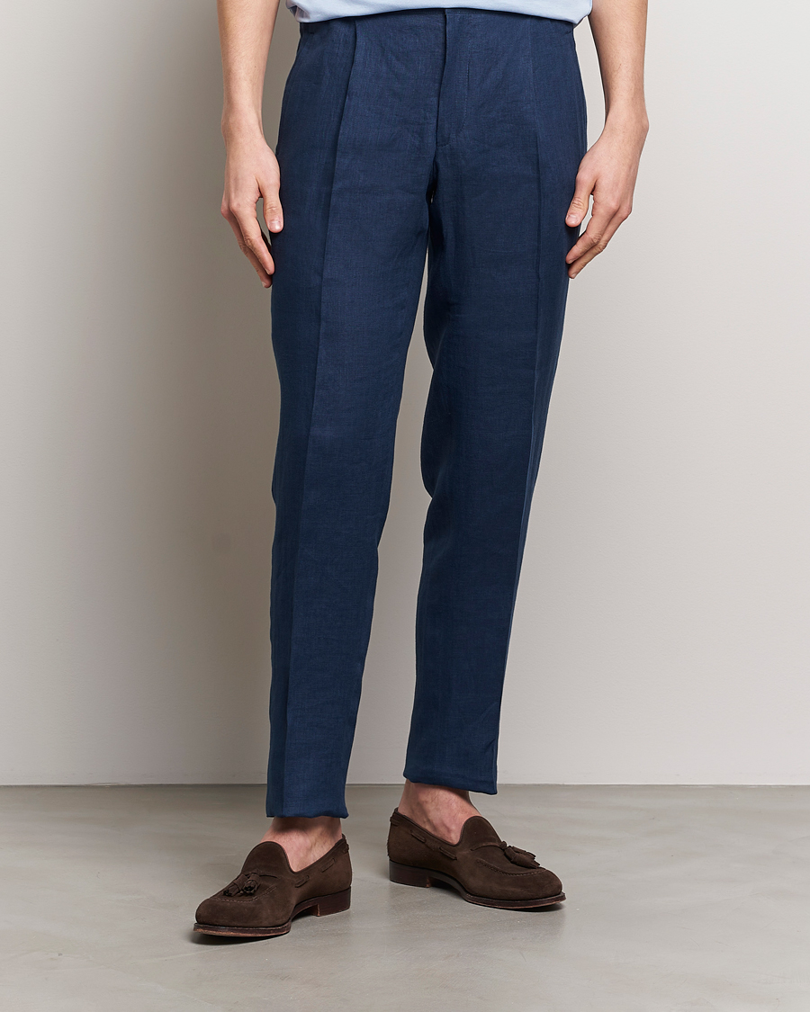 Herre | Linbukser | Kiton | Pure Linen Drawstring Trousers Dark Blue