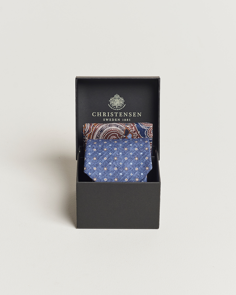 Herre | Amanda Christensen Box Set Printed Linen 8cm Tie With Pocket Square Navy | Amanda Christensen | Box Set Printed Linen 8cm Tie With Pocket Square Navy